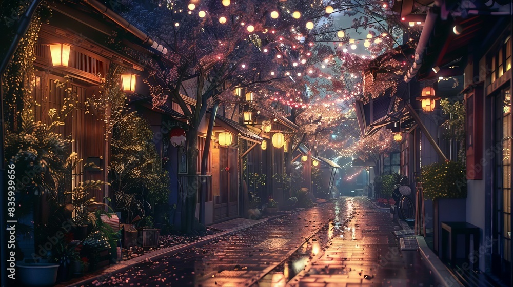 Scenic night street illuminated by colorful string lights and lanterns, creating a cozy and festive atmosphere in a charming town alley.