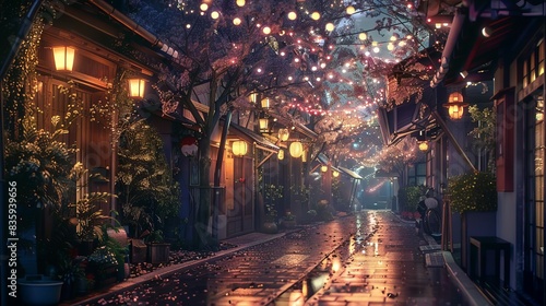 Scenic night street illuminated by colorful string lights and lanterns  creating a cozy and festive atmosphere in a charming town alley.