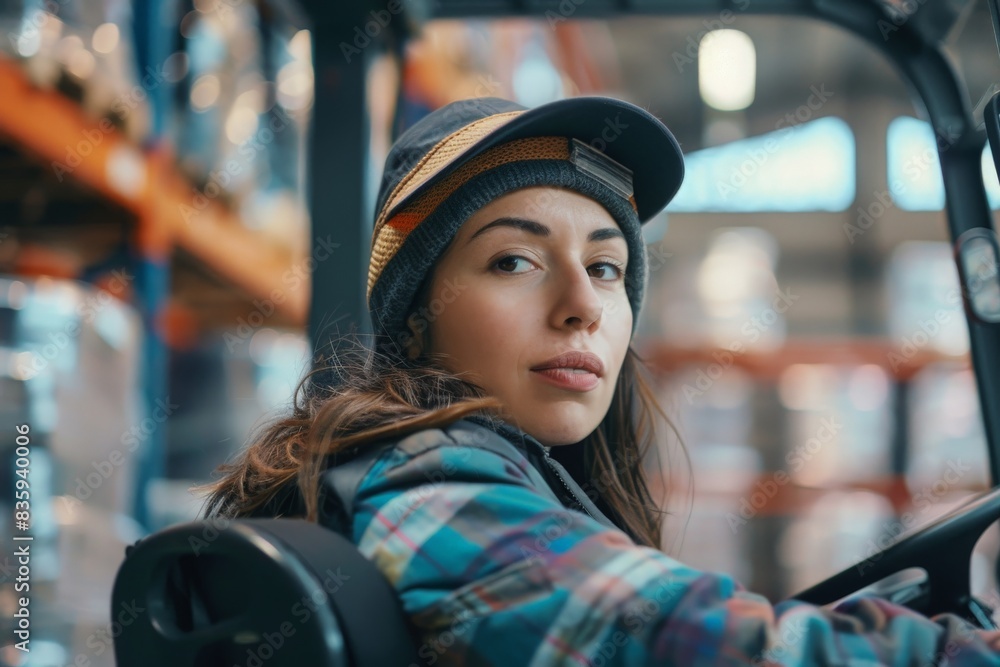 Mid adult female wearing protective equipment driving a forklift in a warehouse Mid adult female wearing protective equipment driving a forklift in a warehouse