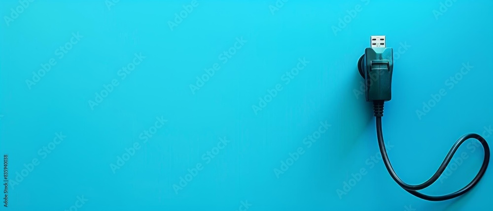 USB cable attached to a turquoise wall with a minimalistic design, ideal for technology or electronics concepts and backgrounds. USB cable attached to a turquoise wall with a minimalistic design, ideal for technology or electronics concepts and backgrounds.