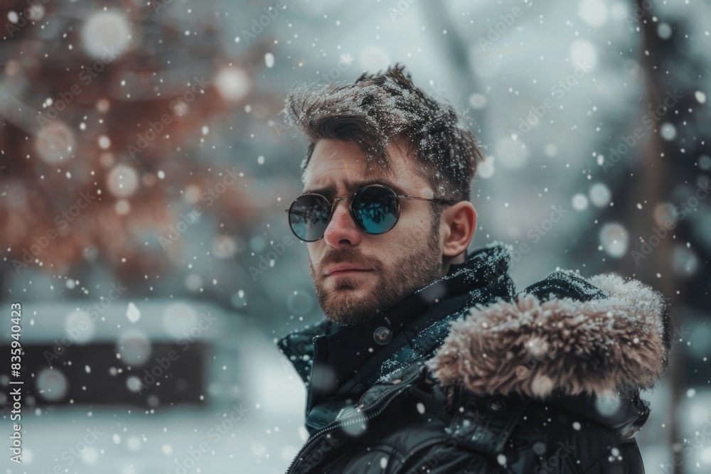A person stands in the snow wearing sunglasses, great for winter-themed stock photos A person stands in the snow wearing sunglasses, great for winter-themed stock photos