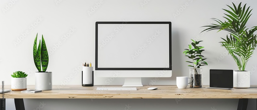 Modern minimalist workspace with computer monitor, plants, and office supplies on a wooden desk against a white wall. Modern minimalist workspace with computer monitor, plants, and office supplies on a wooden desk against a white wall.