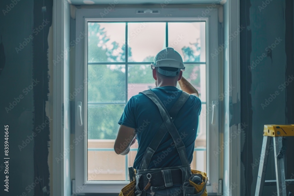 A worker wearing a hard hat looks out a window, likely on a construction site A worker wearing a hard hat looks out a window, likely on a construction site