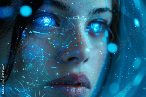 Close-up of futuristic woman with glowing blue eyes, integrated digital interface and cyber elements, representing advanced technology and AI.