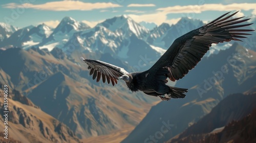 A large bird soars through the sky above a mountain range, offering breathtaking views
