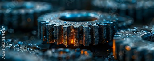Close-up of interlocking gears with water droplets, showcasing the intricate details and engineering precision of mechanical components. photo