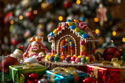 cute gingerbread house with colorful candy and icing, festive table with Christmas decorations and presents, on a blurry holiday backdrop with lights © Maria A