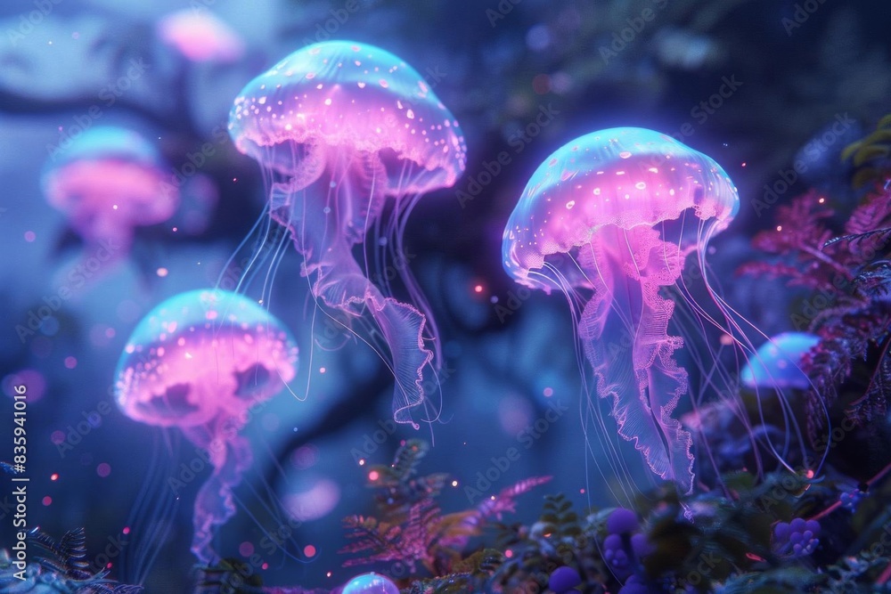 Enchanting jellyfish illuminated with ethereal purple and blue hues in a mystical underwater scene, surrounded by marine flora. Enchanting jellyfish illuminated with ethereal purple and blue hues in a mystical underwater scene, surrounded by marine flora.