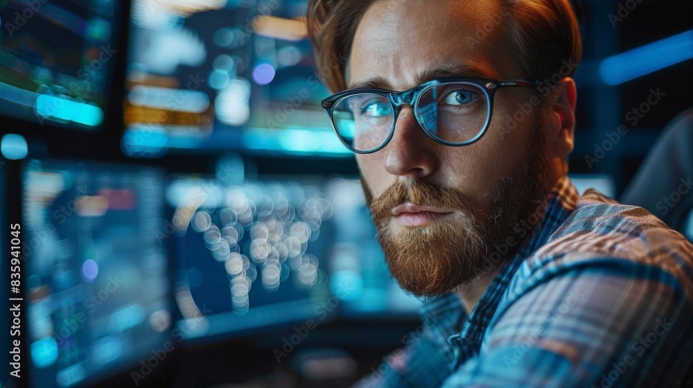 Focused male IT specialist working on multiple monitors in a control room, analyzing data and network security wearing glasses. Focused male IT specialist working on multiple monitors in a control room, analyzing data and network security wearing glasses.