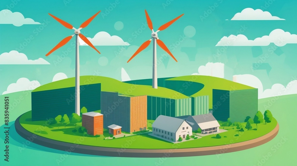 A stylized illustration of a modern, sustainable city featuring wind turbines and green buildings, highlighting eco-friendly and renewable energy innovations A stylized illustration of a modern, sustainable city featuring wind turbines and green buildings, highlighting eco-friendly and renewable energy innovations