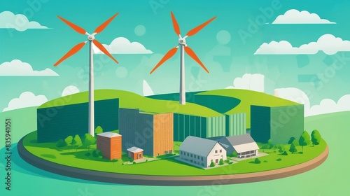 A stylized illustration of a modern, sustainable city featuring wind turbines and green buildings, highlighting eco-friendly and renewable energy innovations