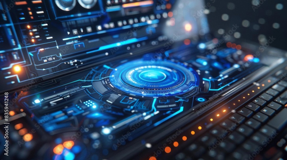 Futuristic computer interface with glowing blue elements, showcasing innovative technology and advanced digital design.