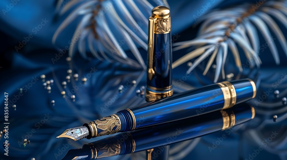 Naklejka premium Cerulean ambiance accentuating a classic fountain pen, evoking a sense of timeless elegance and refined craftsmanship.