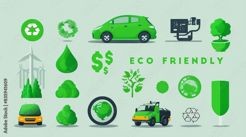 Stylized illustration of eco-friendly icons featuring green energy, electric cars, recycling, and sustainability symbols, perfect for promoting environmental awareness Stylized illustration of eco-friendly icons featuring green energy, electric cars, recycling, and sustainability symbols, perfect for promoting environmental awareness