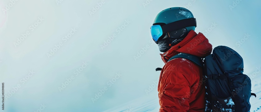 A mountaineer in red jacket with backpack and helmet stands in snowy landscape, ready for an adventure in the mountains. A mountaineer in red jacket with backpack and helmet stands in snowy landscape, ready for an adventure in the mountains.