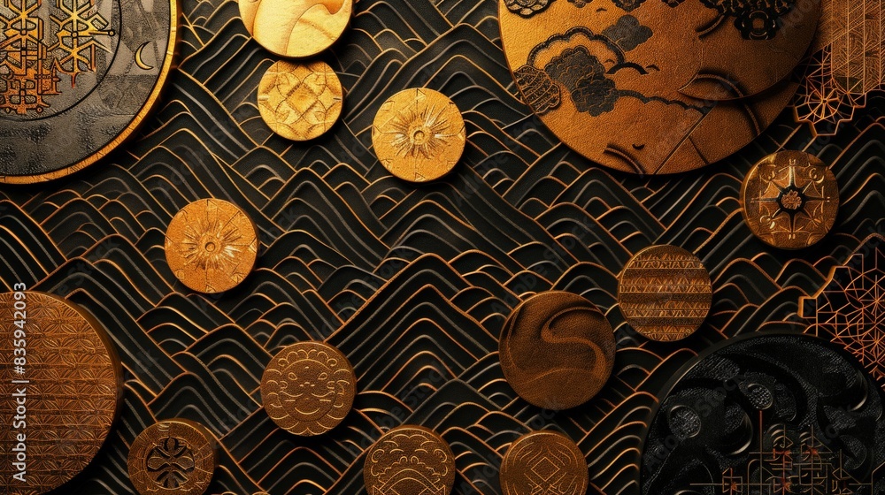 Gold texture with geometric pattern in luxury style with Japanese icon and decoration elements Gold texture with geometric pattern in luxury style with Japanese icon and decoration elements