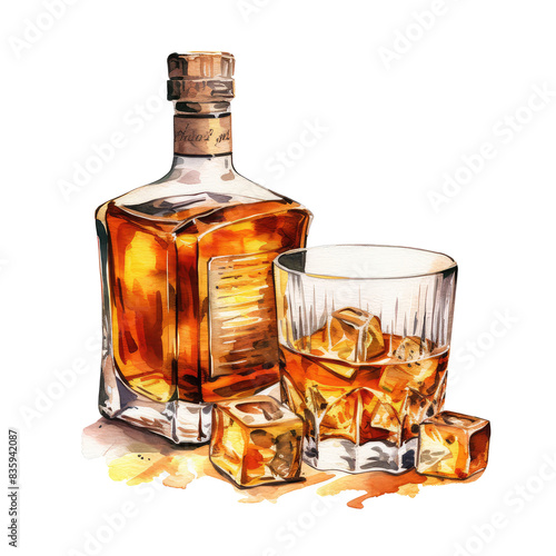 Watercolour Illustration of Whiskey in a Whiskey Glass with Whiskey Bottle