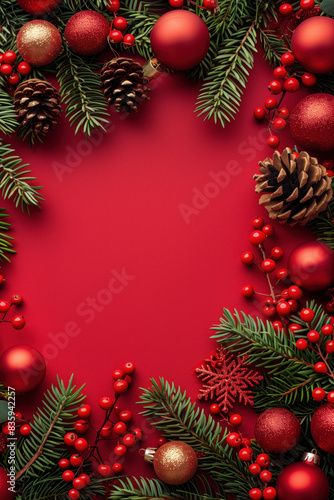 Festive Christmas Border with Red Decorations and Pine Cones on Red Background.