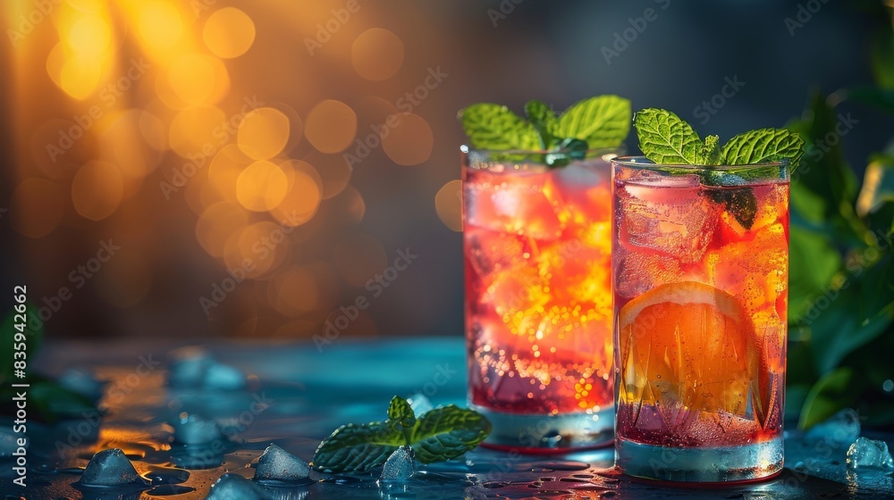 A glass of colorful, delicious, refreshing cocktail on a beach bar table. A glass of colorful, delicious, refreshing cocktail on a beach bar table.