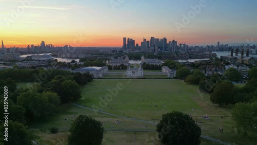 Aerial View Shot of London UK, United Kingdom, Greenwich and Canary Wharf, Old Royal Naval College photo