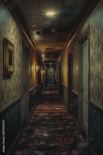 A long hallway with a clock on the wall