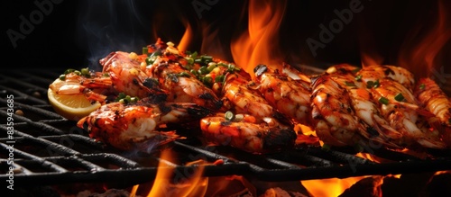 Grilled seafood with flame blaze. Creative banner. Copyspace image