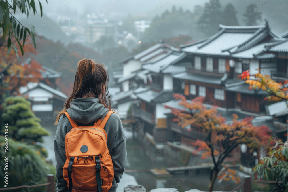 Obraz premium asian woman traveling in traditional japanese city Kyoto in momiji season. ai generated