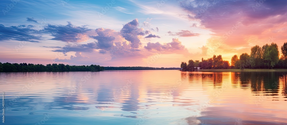 Amazing dusk at the lake with dynamic sky in summer. Creative banner. Copyspace image