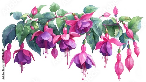 Fototapeta Naklejka Na Ścianę i Meble -  Painting featuring fuchsia flowers hanging gracefully from a branch