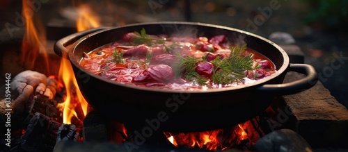 Borscht Ukrainian traditional soup cooking in old sooty cauldron on campfire at summer day Close up view. Creative banner. Copyspace image photo