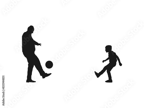 Grandparents playing football silhouettes vector. Grandfather, old man playing football with his grandson, teenage boy. Grandparents spending time with their grandchildren. on white background.