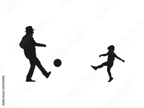 Grandparents playing football silhouettes vector. Grandfather, old man playing football with his grandson, teenage boy. Senior man playing football with grandson. isolated on white background.