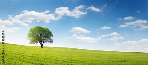 Countryside spring landscape Green field and tree with blue sky. Creative banner. Copyspace image