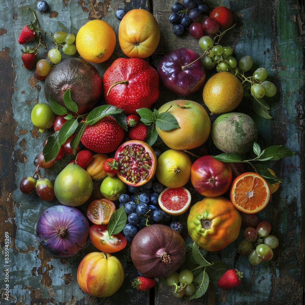 An overhead view of rare, colorful fruits on a rustic table cultivates exotic flavors to surprise and delight, emphasizing uniqueness and appeal with fresh style. An overhead view of rare, colorful fruits on a rustic table cultivates exotic flavors to surprise and delight, emphasizing uniqueness and appeal with fresh style.