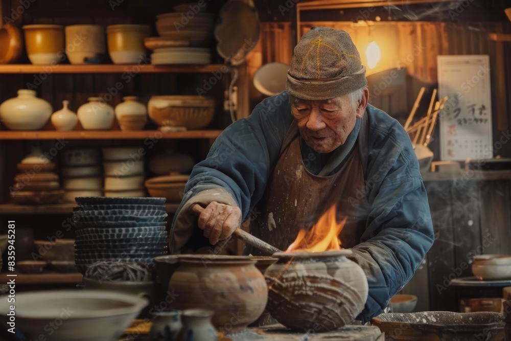 Senior pottery craftsmen stoking the fire in his large kiln in Japan Senior pottery craftsmen stoking the fire in his large kiln in Japan