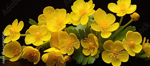 Yellow lesser celandine flowers Latin name Ranunculus ficaria. Creative banner. Copyspace image photo