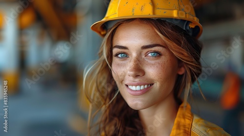 smiling business woman engineer isolated portrait architect worker protect helmet wearing .hight relustion