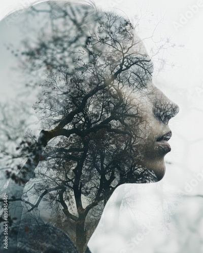 Dual-exposure capturing the essence of human experience, a double-exposure image blending a portrait with a natural scene, highlighting complexity and depth, artistic style.