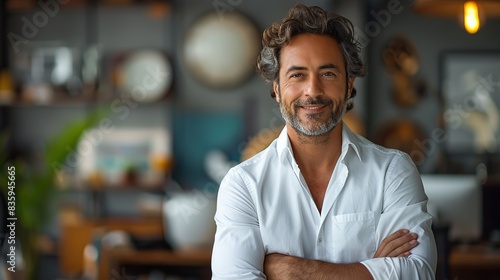 formal business male portrait confident successful indian businessman or manager in white shirt stands near his work desk in the office arms crossed looks directly at camera .stock illustration photo