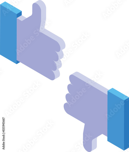 Pair of 3d isometric thumbs up and thumbs down icons in blue color