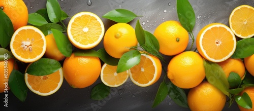 Fresh oranges as background Healthy fruit or summer concept. Creative banner. Copyspace image