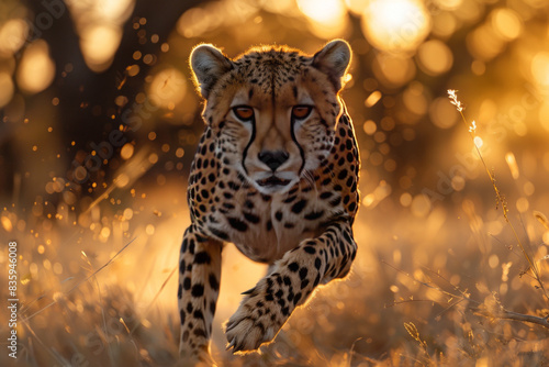 cheetah running in Kruger National Park with the Savannah trees in the background, generative ai