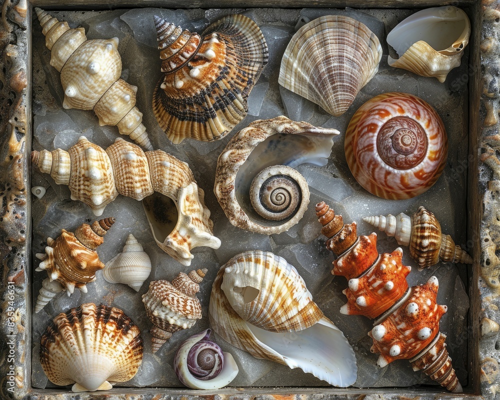 Seashells arranged in a shadow box capture the essence of the sea, each unique shell a memory of ocean waves and beachcombing adventures Seashells arranged in a shadow box capture the essence of the sea, each unique shell a memory of ocean waves and beachcombing adventures