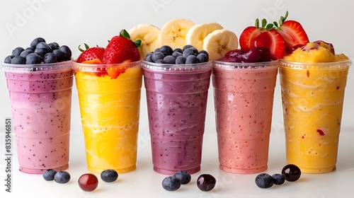 5 fruit smoothies in clear plastic cups against a white background, featuring blueberry, strawberry, and a banana split mix blend. photo