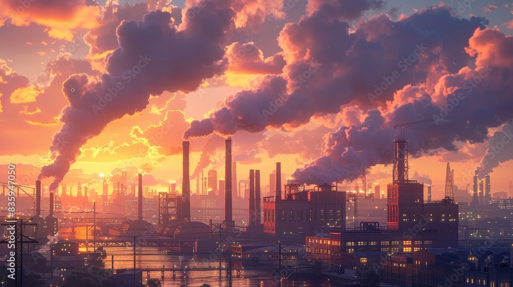 a detailed image of Factory exterior with smoke stacks, sunset lighting, hd,upscale a detailed image of Factory exterior with smoke stacks, sunset lighting, hd,upscale