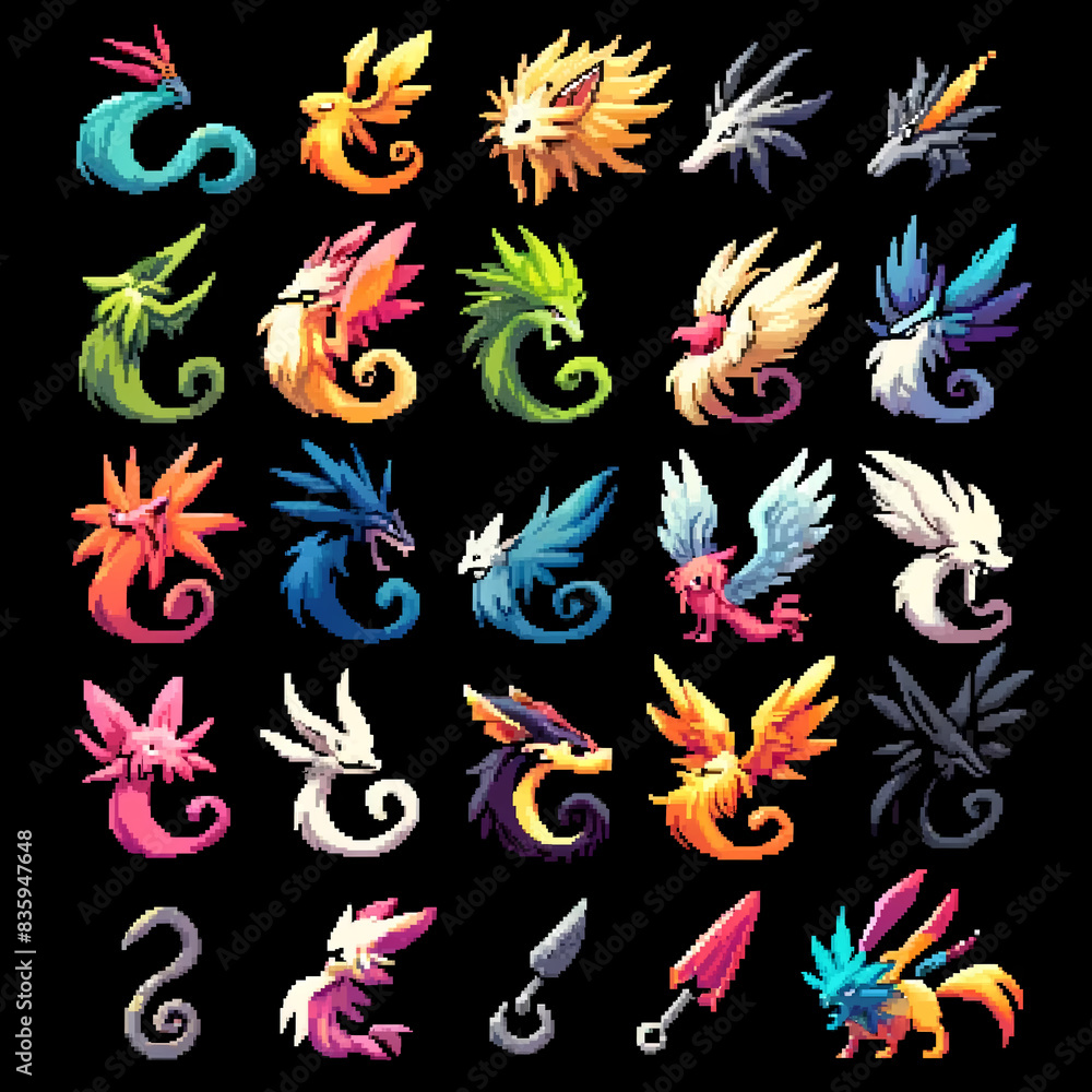 Obraz premium Pixel Art Wind Dragon Feathers Icons for RPG