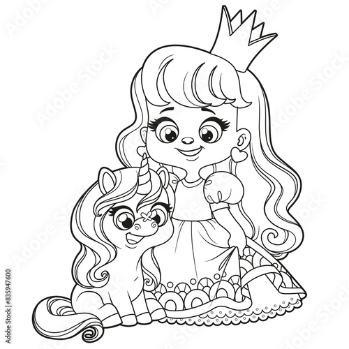 Fotografie Cute cartoon long haired princess girl with baby unicorn outlined for coloring p