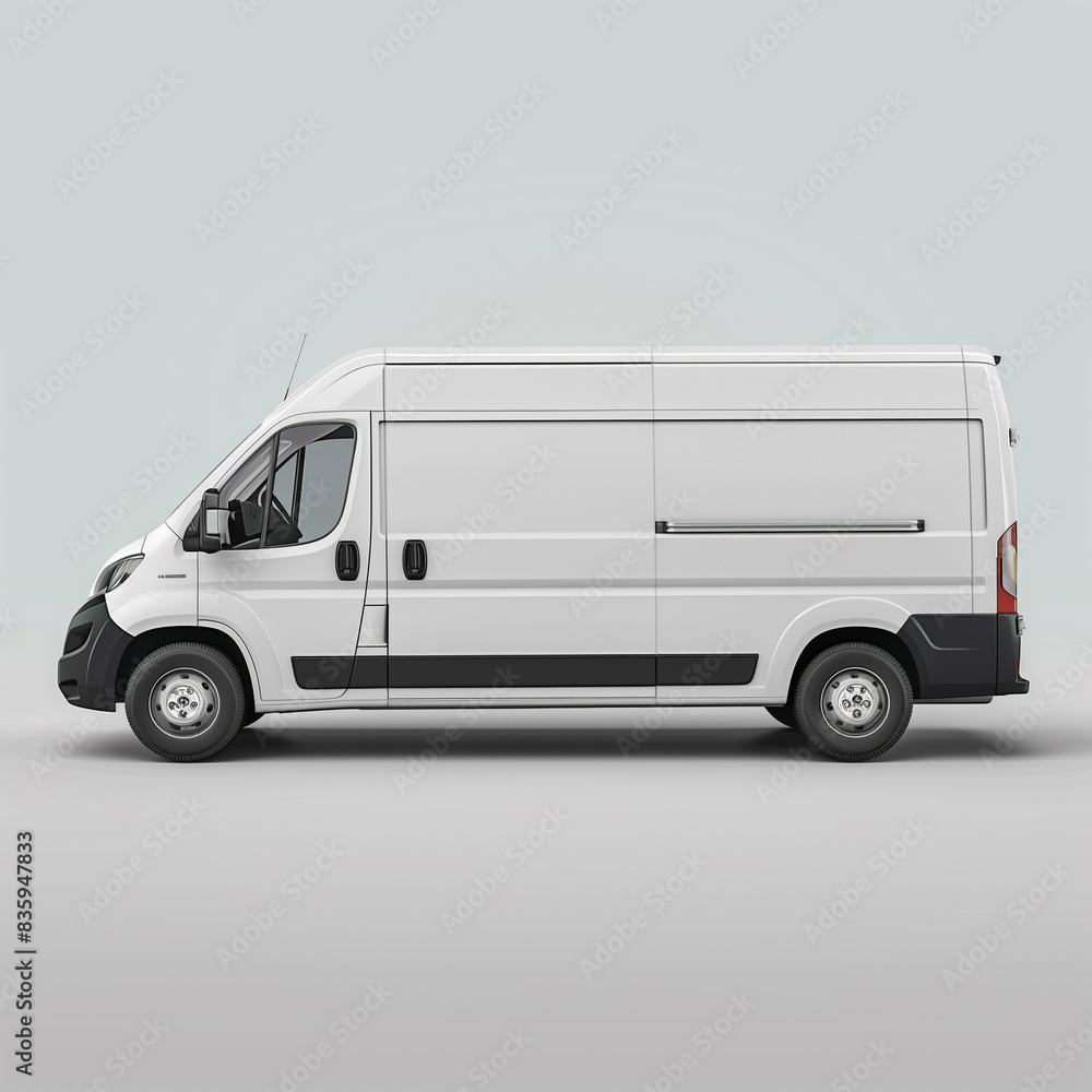 White Delivery Van, Side Profile, Perfect for Cargo Transport, Logistics, and Business Branding, Blank Background, Mockup