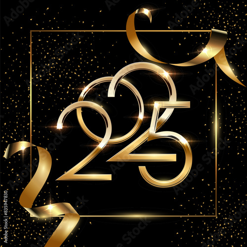 Happy 2025 New Year greeting card vector template. Festive Christmas social media banner design with congratulations. Golden 2025 numbers in frame with confetti illustration on black background