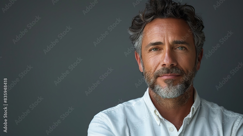 middle age businessman in white business shirt casual entrepreneur portrait of mid adult mature age man happy smiling isolated on white copy space .stock photo middle age businessman in white business shirt casual entrepreneur portrait of mid adult mature age man happy smiling isolated on white copy space .stock photo